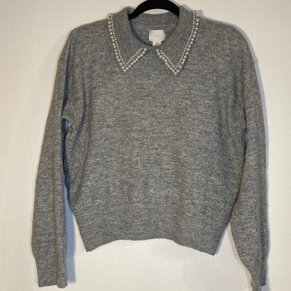 h&m pearl beaded collar pullover heather grey sweater - Picture 2 of 7